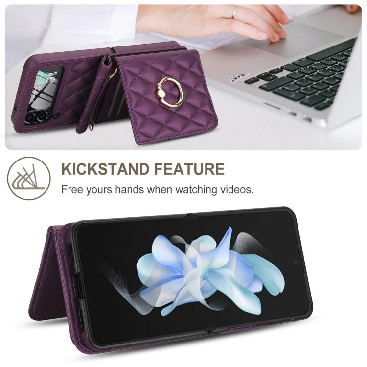 For Samsung Galaxy Z Flip4 5G Integrated Rhombic Texture Ring RFID Card Bag Phone Case with Long Lanyard