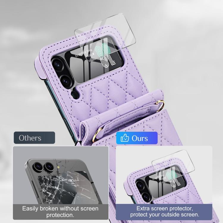 For Samsung Galaxy Z Flip4 5G Integrated Rhombic Texture Ring RFID Card Bag Phone Case with Long Lanyard