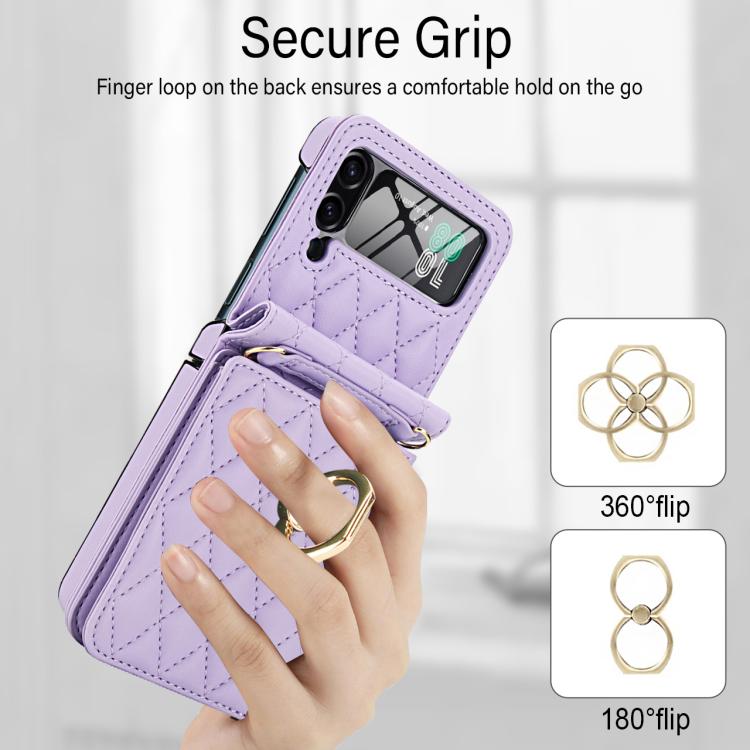For Samsung Galaxy Z Flip4 5G Integrated Rhombic Texture Ring RFID Card Bag Phone Case with Long Lanyard