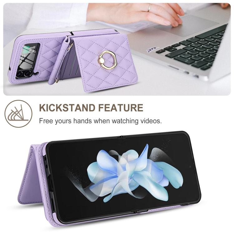 For Samsung Galaxy Z Flip4 5G Integrated Rhombic Texture Ring RFID Card Bag Phone Case with Long Lanyard