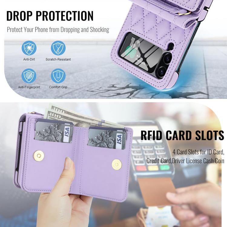 For Samsung Galaxy Z Flip4 5G Integrated Rhombic Texture Ring RFID Card Bag Phone Case with Long Lanyard