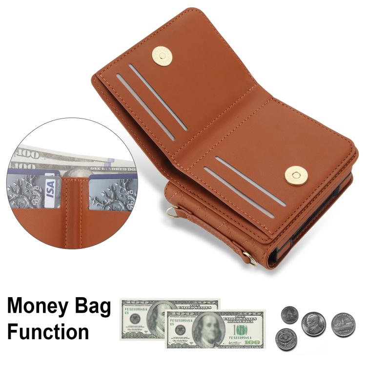 For Samsung Galaxy Z Flip4 5G Integrated Rhombic Texture Ring RFID Card Bag Phone Case with Long Lanyard