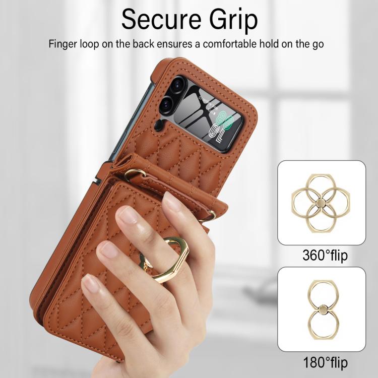 For Samsung Galaxy Z Flip4 5G Integrated Rhombic Texture Ring RFID Card Bag Phone Case with Long Lanyard