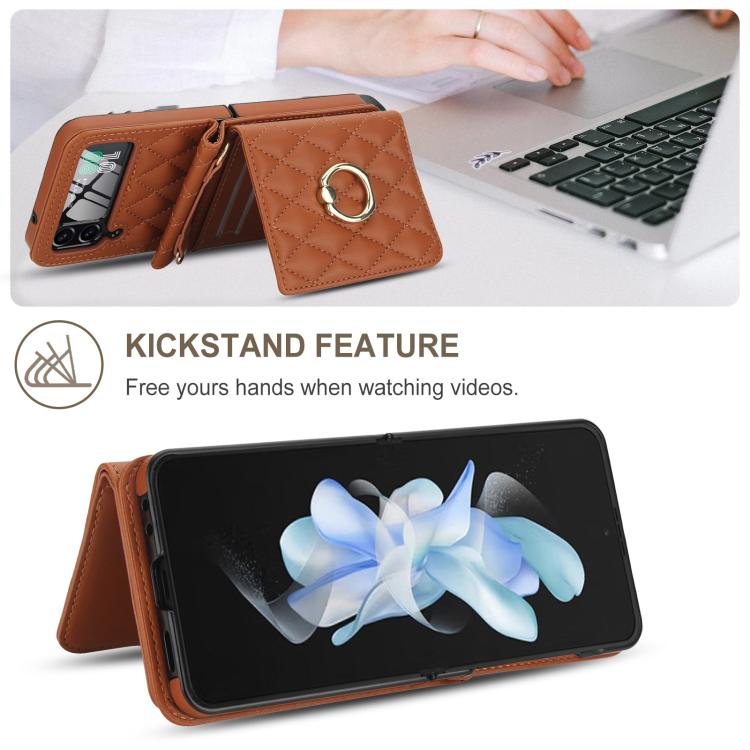 For Samsung Galaxy Z Flip4 5G Integrated Rhombic Texture Ring RFID Card Bag Phone Case with Long Lanyard