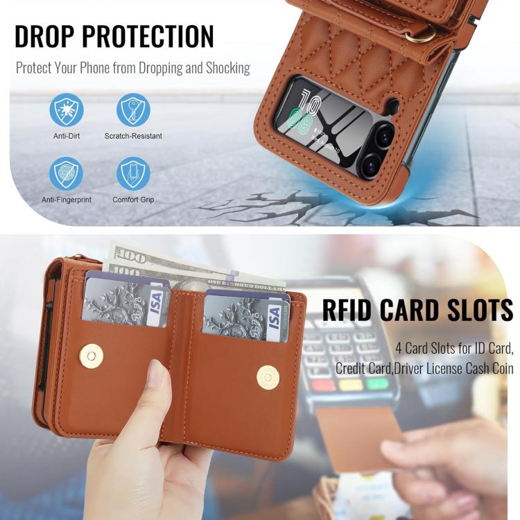 For Samsung Galaxy Z Flip4 5G Integrated Rhombic Texture Ring RFID Card Bag Phone Case with Long Lanyard