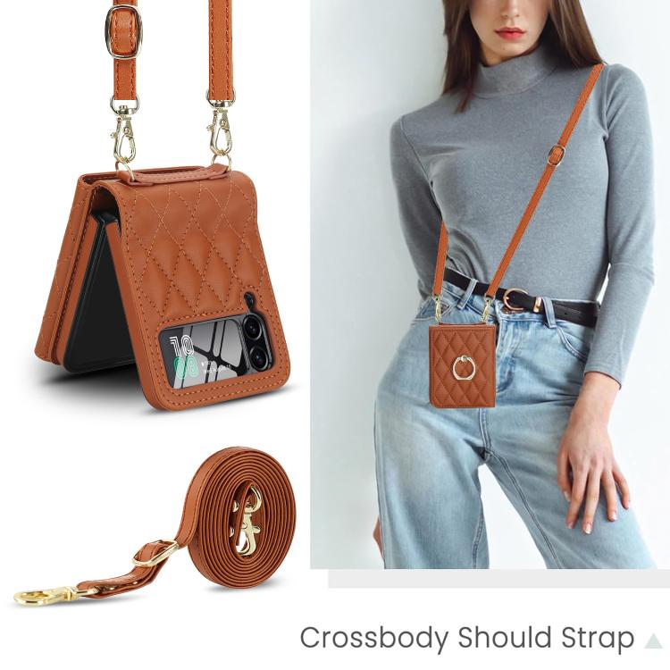 For Samsung Galaxy Z Flip4 5G Integrated Rhombic Texture Ring RFID Card Bag Phone Case with Long Lanyard
