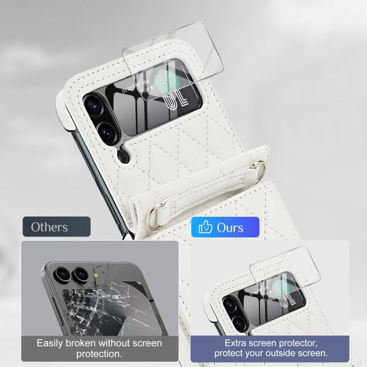 For Samsung Galaxy Z Flip3 5G Integrated Rhombic Texture Ring RFID Card Bag Phone Case with Long Lanyard