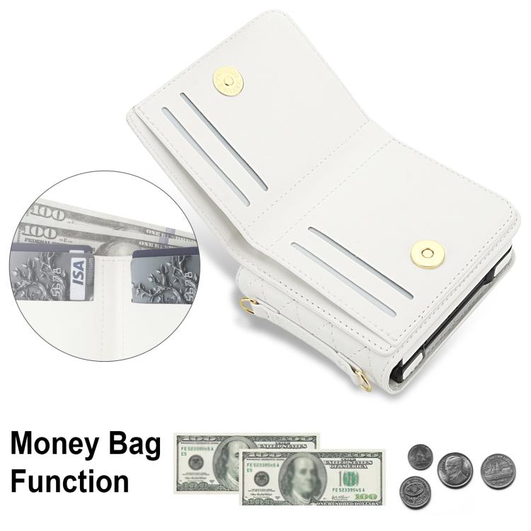 For Samsung Galaxy Z Flip3 5G Integrated Rhombic Texture Ring RFID Card Bag Phone Case with Long Lanyard