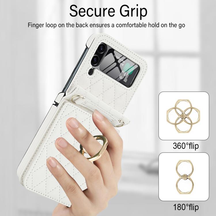 For Samsung Galaxy Z Flip3 5G Integrated Rhombic Texture Ring RFID Card Bag Phone Case with Long Lanyard