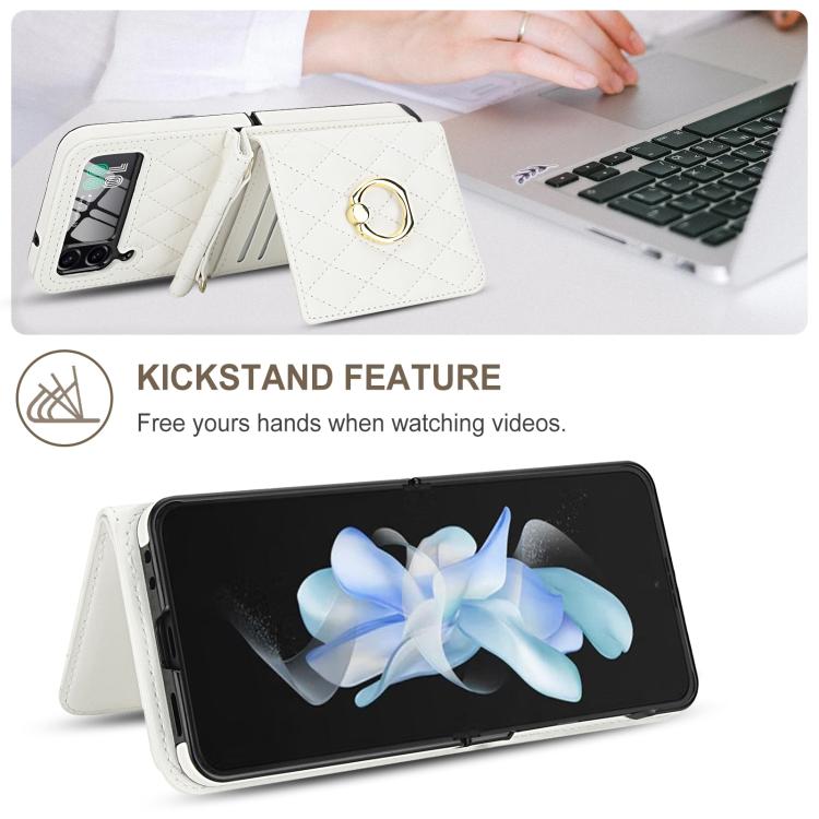 For Samsung Galaxy Z Flip3 5G Integrated Rhombic Texture Ring RFID Card Bag Phone Case with Long Lanyard
