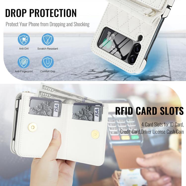 For Samsung Galaxy Z Flip3 5G Integrated Rhombic Texture Ring RFID Card Bag Phone Case with Long Lanyard