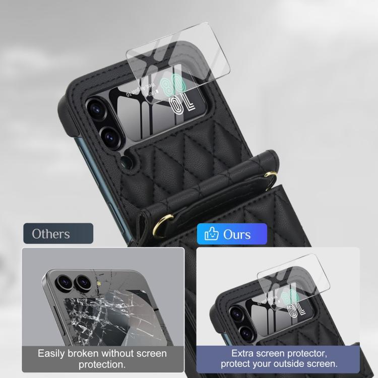 For Samsung Galaxy Z Flip3 5G Integrated Rhombic Texture Ring RFID Card Bag Phone Case with Long Lanyard