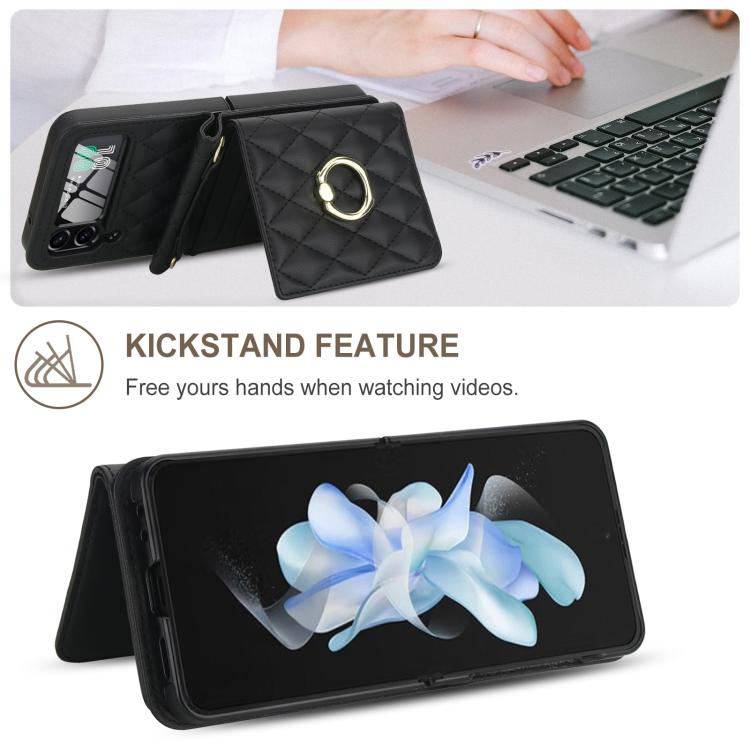 For Samsung Galaxy Z Flip3 5G Integrated Rhombic Texture Ring RFID Card Bag Phone Case with Long Lanyard