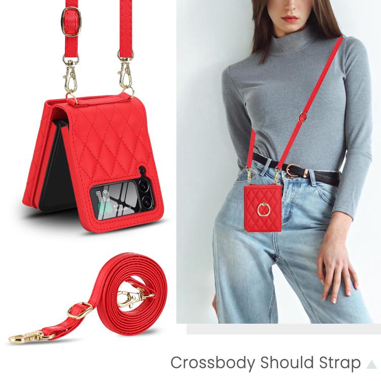 For Samsung Galaxy Z Flip3 5G Integrated Rhombic Texture Ring RFID Card Bag Phone Case with Long Lanyard