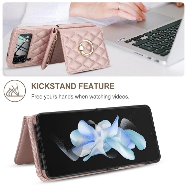 For Samsung Galaxy Z Flip3 5G Integrated Rhombic Texture Ring RFID Card Bag Phone Case with Long Lanyard