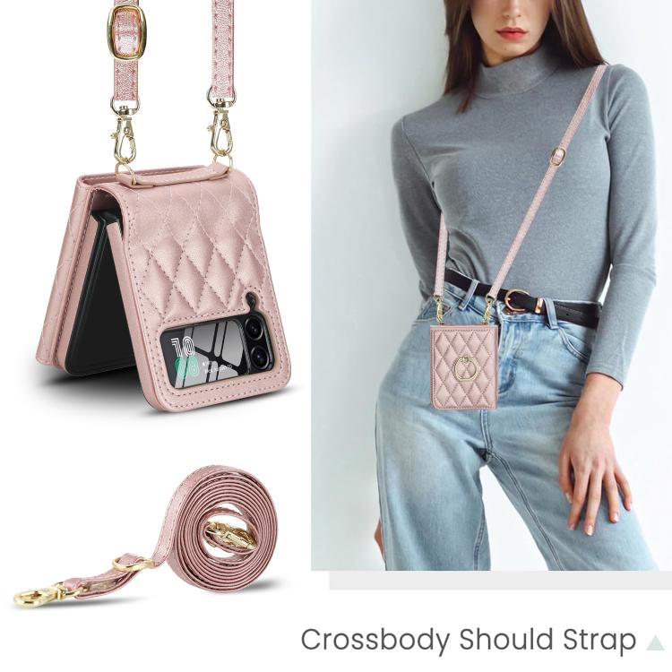 For Samsung Galaxy Z Flip3 5G Integrated Rhombic Texture Ring RFID Card Bag Phone Case with Long Lanyard