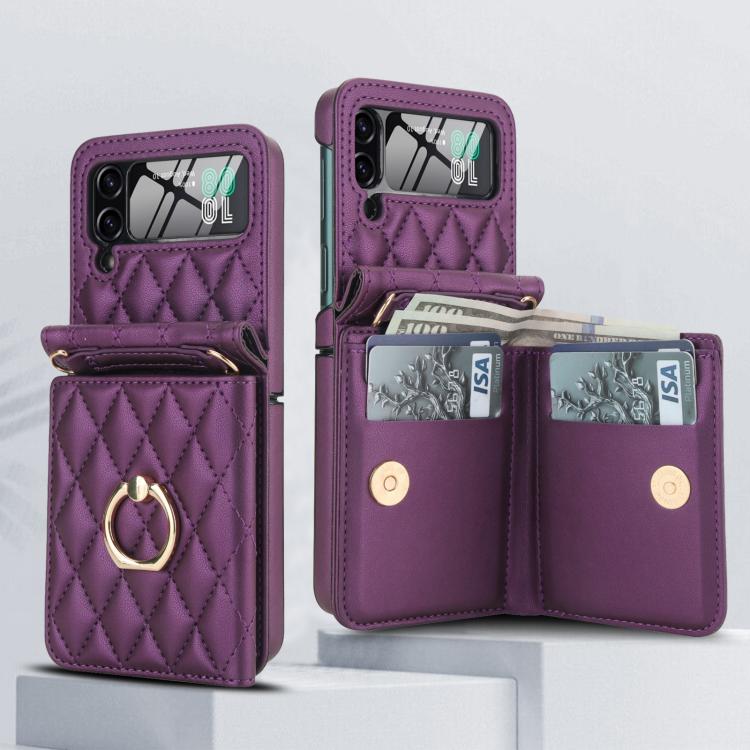 For Samsung Galaxy Z Flip3 5G Integrated Rhombic Texture Ring RFID Card Bag Phone Case with Long Lanyard