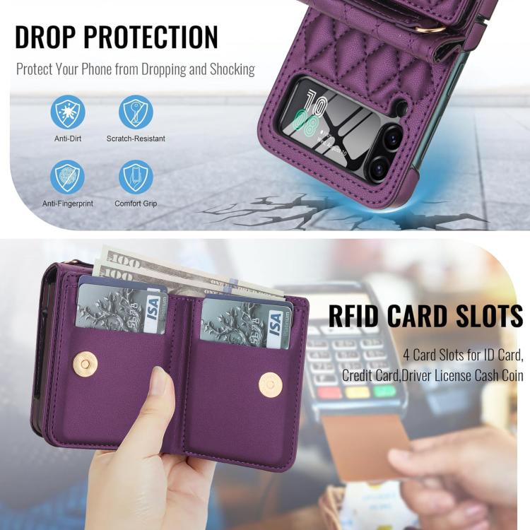 For Samsung Galaxy Z Flip3 5G Integrated Rhombic Texture Ring RFID Card Bag Phone Case with Long Lanyard
