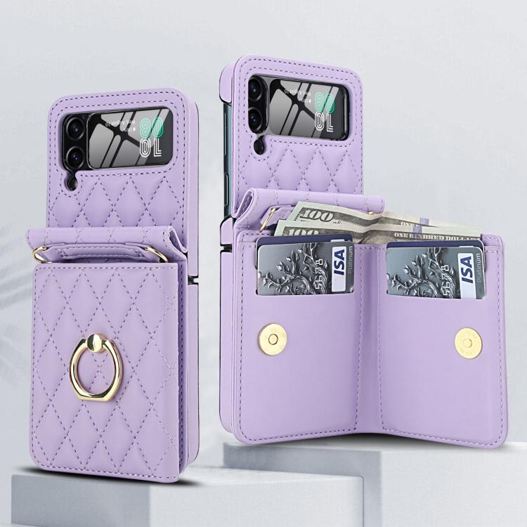 For Samsung Galaxy Z Flip3 5G Integrated Rhombic Texture Ring RFID Card Bag Phone Case with Long Lanyard