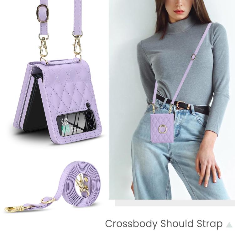 For Samsung Galaxy Z Flip3 5G Integrated Rhombic Texture Ring RFID Card Bag Phone Case with Long Lanyard