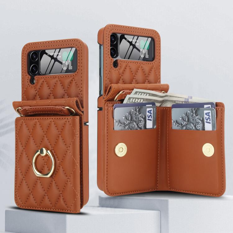 For Samsung Galaxy Z Flip3 5G Integrated Rhombic Texture Ring RFID Card Bag Phone Case with Long Lanyard