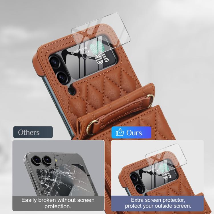 For Samsung Galaxy Z Flip3 5G Integrated Rhombic Texture Ring RFID Card Bag Phone Case with Long Lanyard