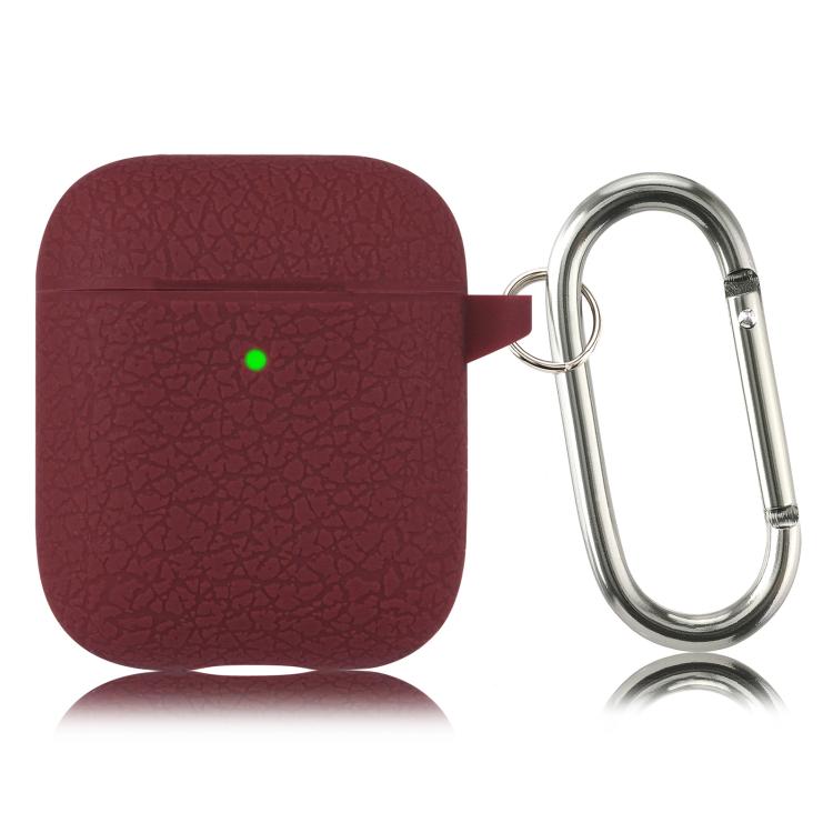 For AirPods 1 / 2 Simple Solid Color Litchi Texture Silicone Earphone Protective Case with Hook