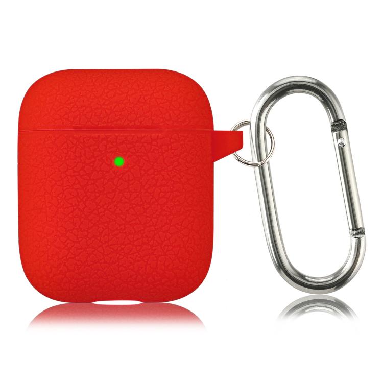 For AirPods 1 / 2 Simple Solid Color Litchi Texture Silicone Earphone Protective Case with Hook