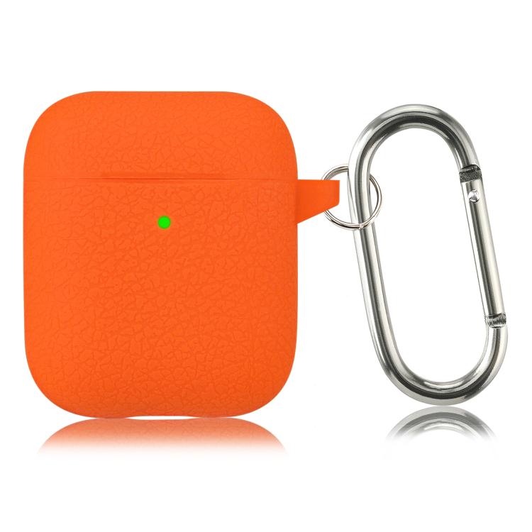 For AirPods 1 / 2 Simple Solid Color Litchi Texture Silicone Earphone Protective Case with Hook - Orange