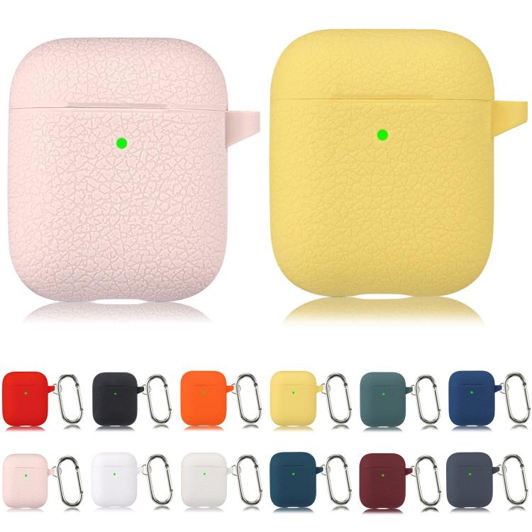 For AirPods 1 / 2 Simple Solid Color Litchi Texture Silicone Earphone Protective Case with Hook - Orange