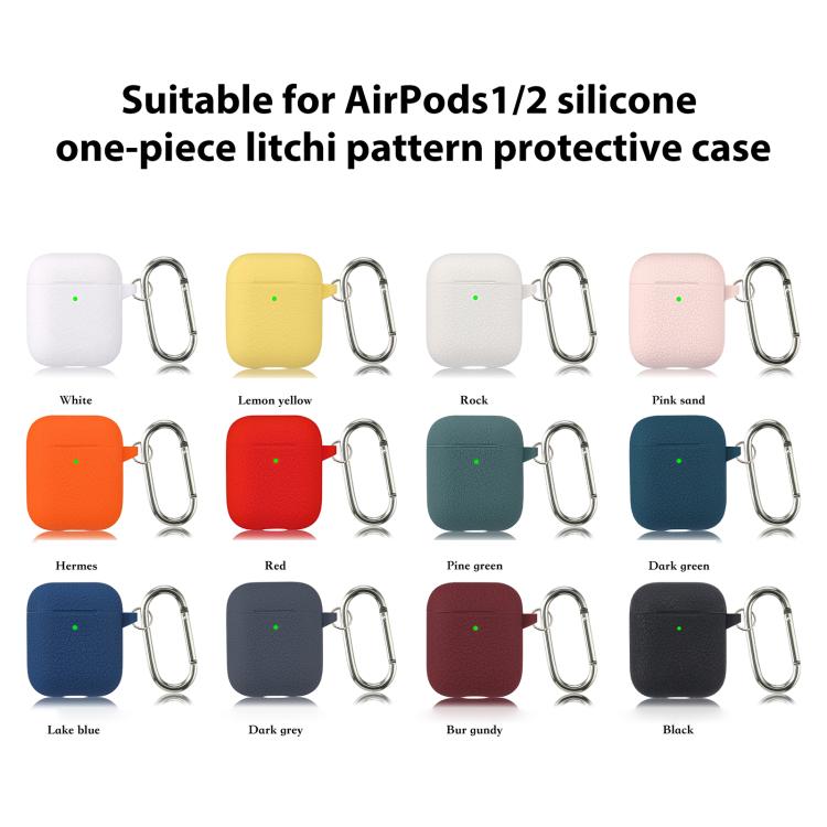 For AirPods 1 / 2 Simple Solid Color Litchi Texture Silicone Earphone Protective Case with Hook