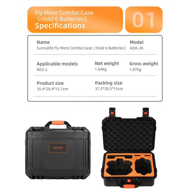 For DJI Neo 2 Sunnylife Hard Travel Shell Waterproof Shock-proof Box, Type:Fly More Combo - Black
