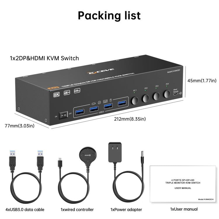 NW-KVM403DH 8K 60Hz USB3.0, DP, HDMI Ports Triple Monitor KVM Switch