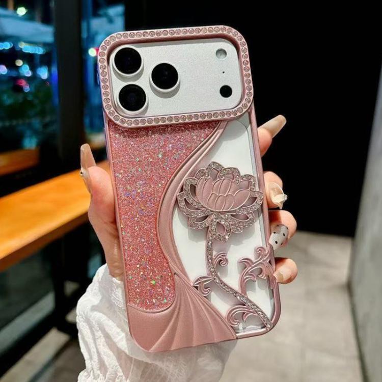 For iPhone 17 Pro Max Electroplated TPU Lotus Hollow-carved  Rhinestone Glitter Phone Case