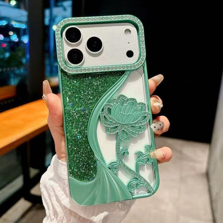 For iPhone 17 Pro Max Electroplated TPU Lotus Hollow-carved  Rhinestone Glitter Phone Case