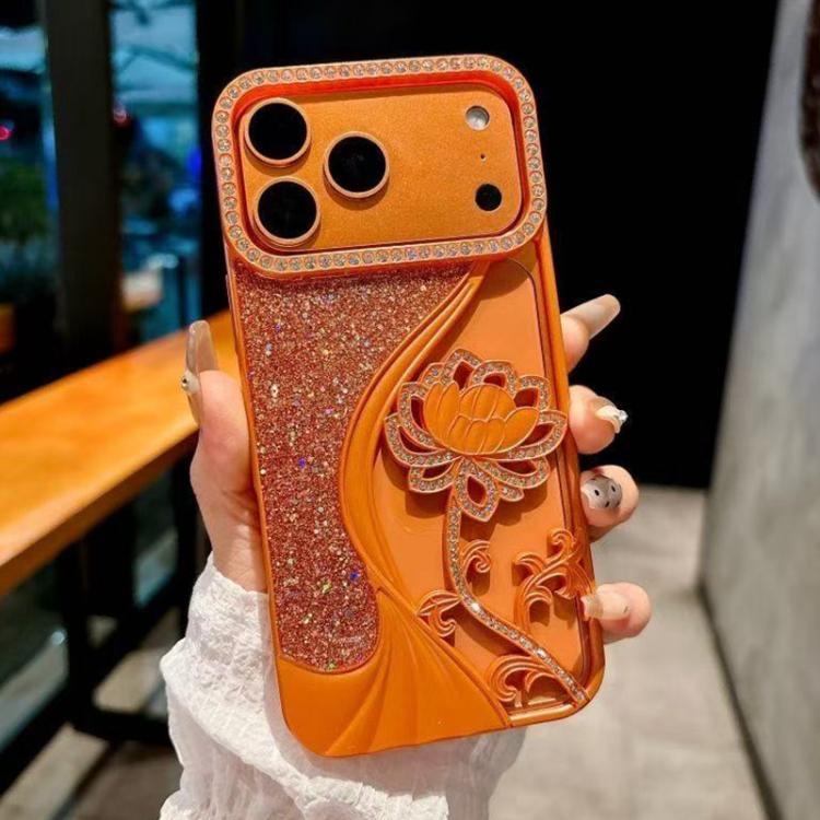 For iPhone 17 Pro Max Electroplated TPU Lotus Hollow-carved  Rhinestone Glitter Phone Case