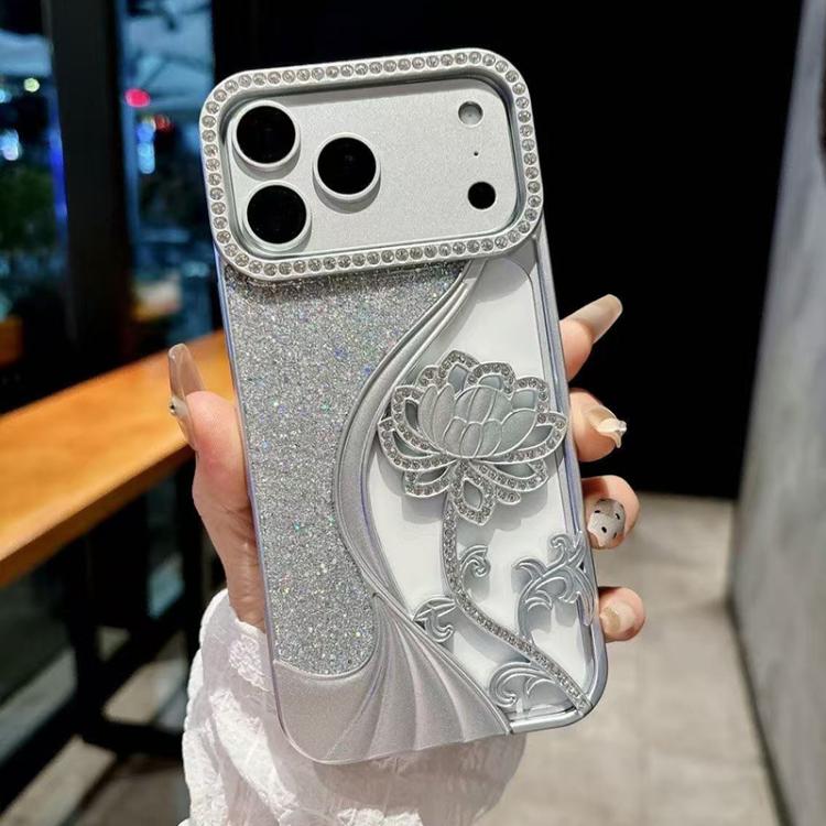 For iPhone 17 Pro Max Electroplated TPU Lotus Hollow-carved  Rhinestone Glitter Phone Case