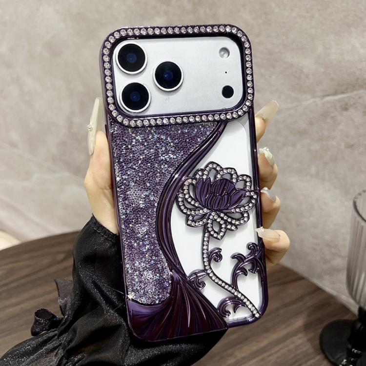 For iPhone 17 Pro Electroplated TPU Lotus Hollow-carved  Rhinestone Glitter Phone Case