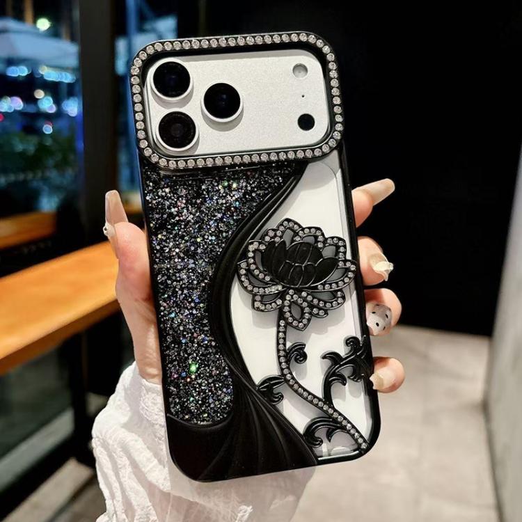 For iPhone 17 Pro Electroplated TPU Lotus Hollow-carved  Rhinestone Glitter Phone Case