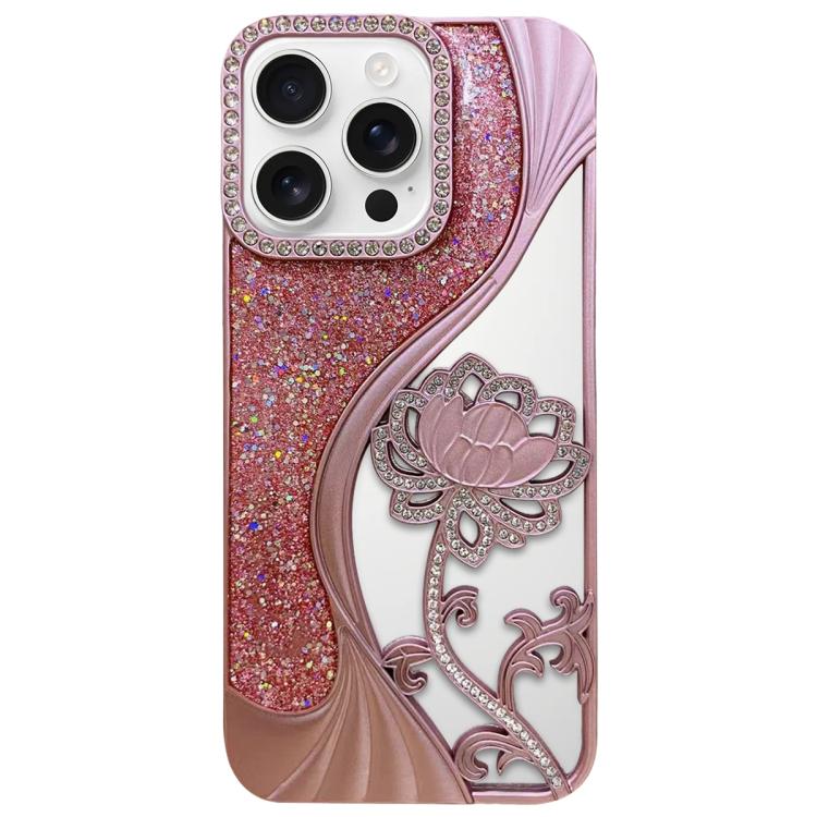 For iPhone 16 Pro Max Electroplated TPU Lotus Hollow-carved  Rhinestone Glitter Phone Case