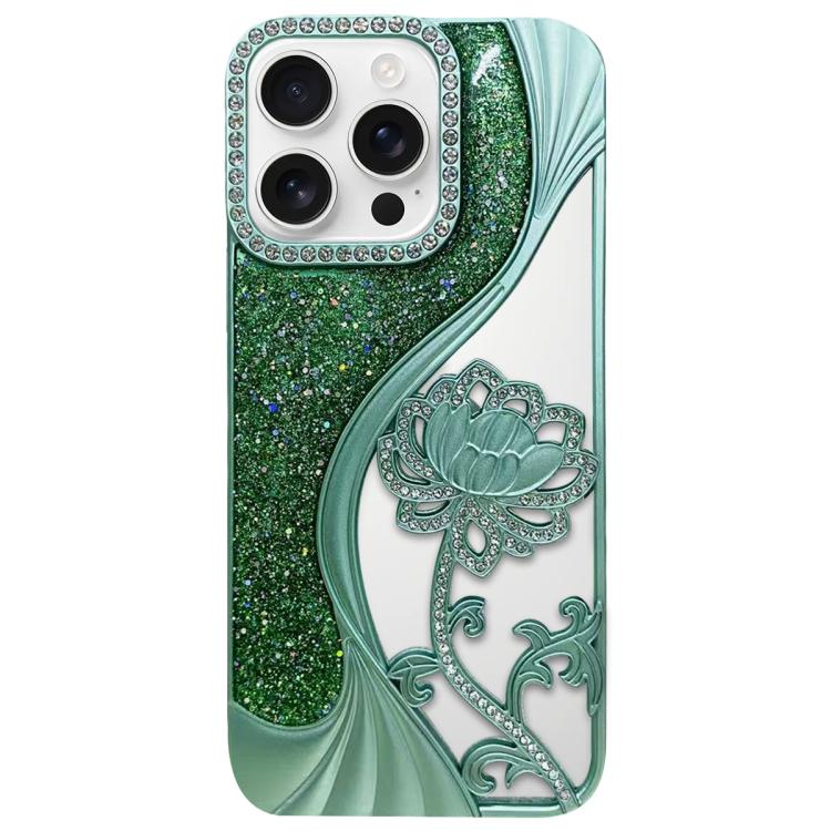 For iPhone 16 Pro Max Electroplated TPU Lotus Hollow-carved  Rhinestone Glitter Phone Case