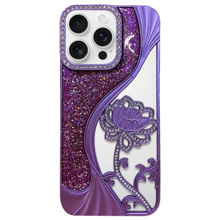 For iPhone 16 Pro Max Electroplated TPU Lotus Hollow-carved  Rhinestone Glitter Phone Case