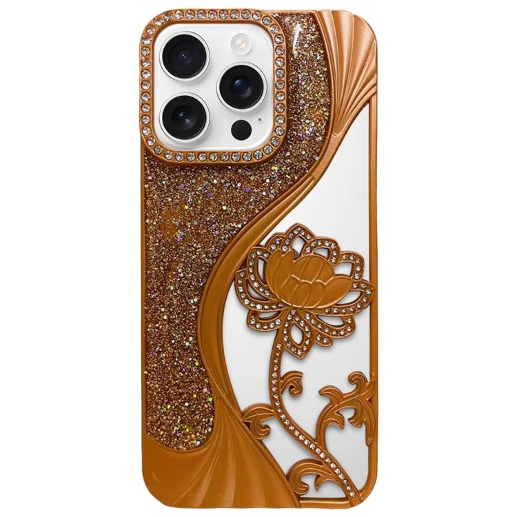 For iPhone 16 Pro Electroplated TPU Lotus Hollow-carved  Rhinestone Glitter Phone Case