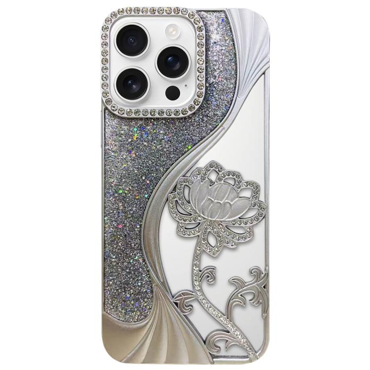 For iPhone 16 Pro Electroplated TPU Lotus Hollow-carved  Rhinestone Glitter Phone Case