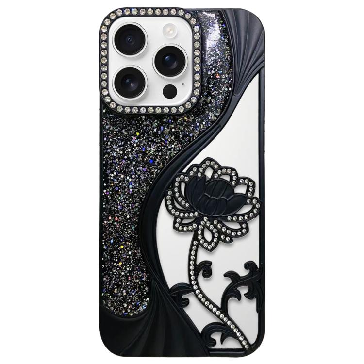 For iPhone 16 Pro Electroplated TPU Lotus Hollow-carved  Rhinestone Glitter Phone Case