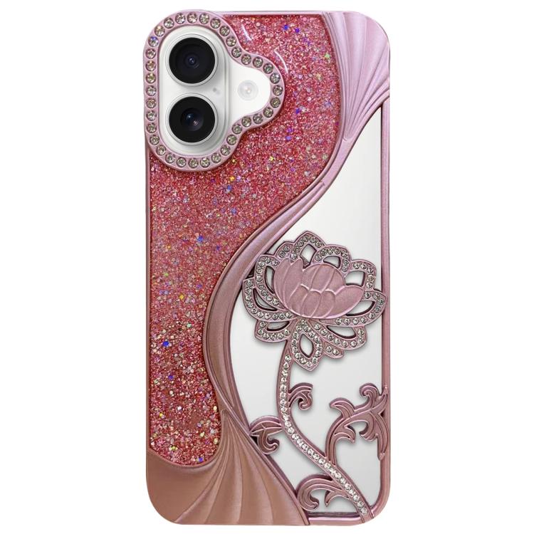 For iPhone 16 Electroplated TPU Lotus Hollow-carved  Rhinestone Glitter Phone Case