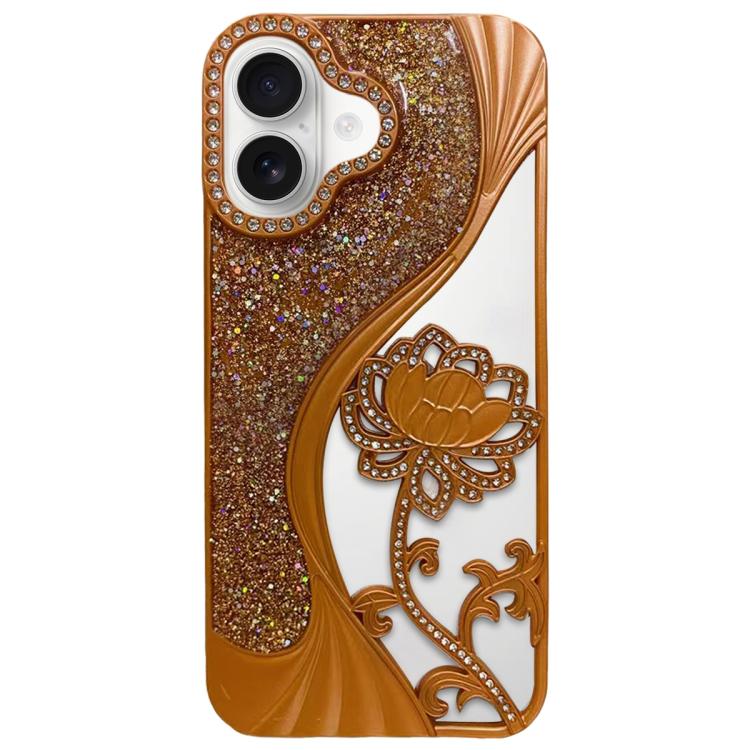 For iPhone 16 Electroplated TPU Lotus Hollow-carved  Rhinestone Glitter Phone Case