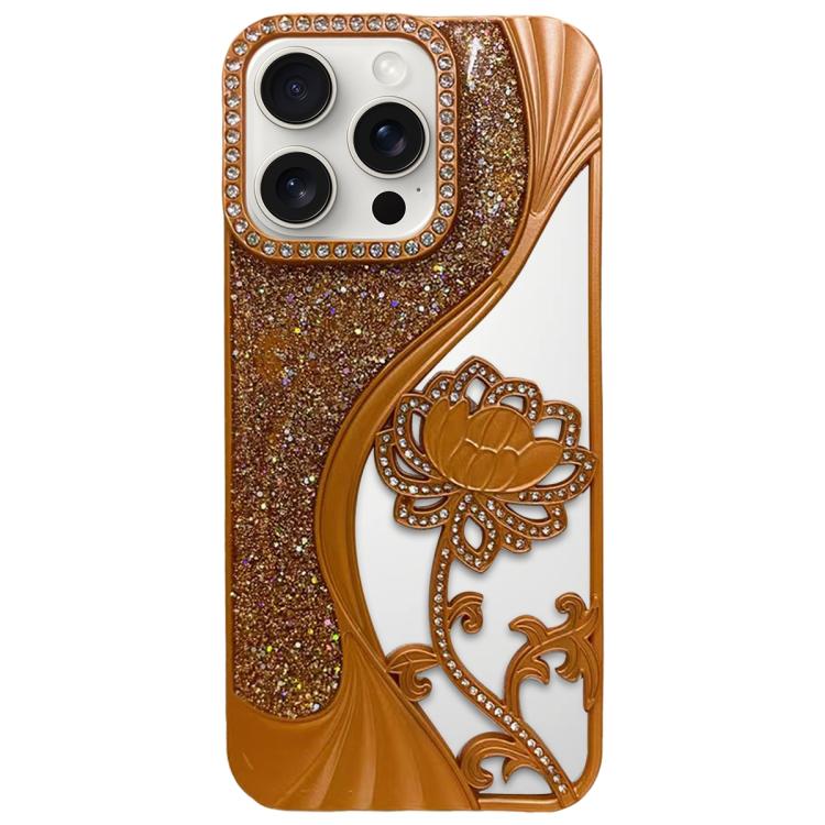 For iPhone 15 Pro Max Electroplated TPU Lotus Hollow-carved  Rhinestone Glitter Phone Case