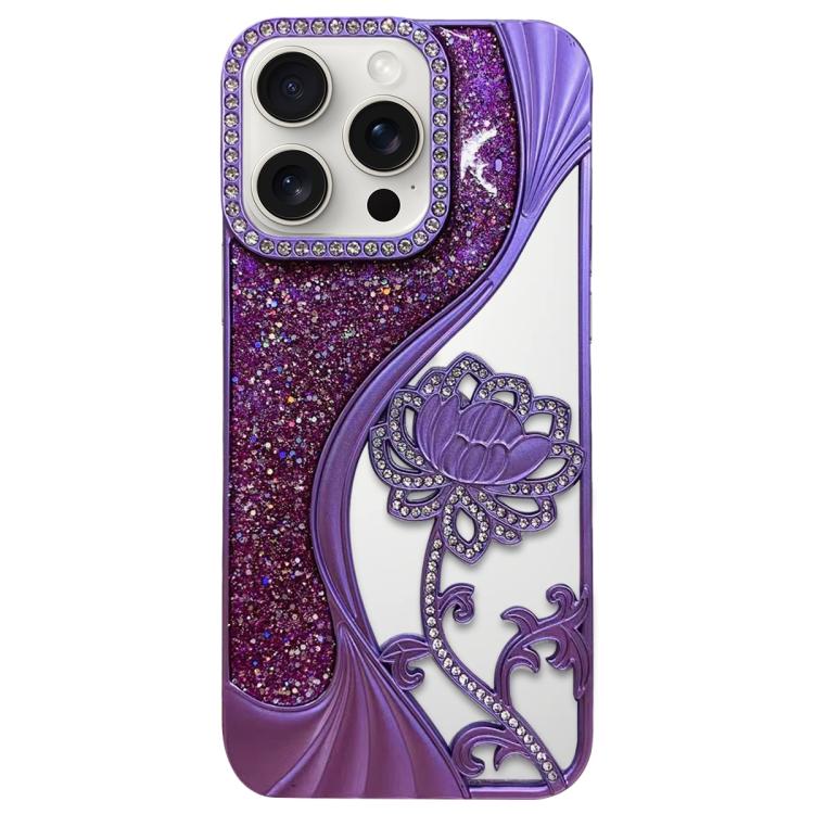 For iPhone 15 Pro Max Electroplated TPU Lotus Hollow-carved  Rhinestone Glitter Phone Case