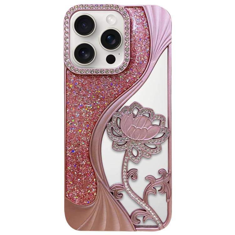 For iPhone 15 Pro Electroplated TPU Lotus Hollow-carved  Rhinestone Glitter Phone Case